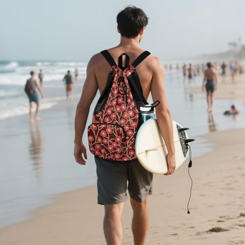 Draw String Back Bag Climbing Gym Bag With Pockets Pull String Bag Waterproof Cherry Blossom Red Brown