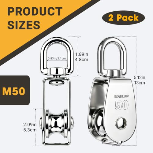 2PCS 304 Stainless Steel M50 Single Rope Pulley Block | Heavy Duty Lifting Crane Swivel Hook for Hanging Wire and Crane Operations | Heavy Duty Lifting Crane Swivel Hook For Hanging Wire and Crane Operations - size: 2P-M50