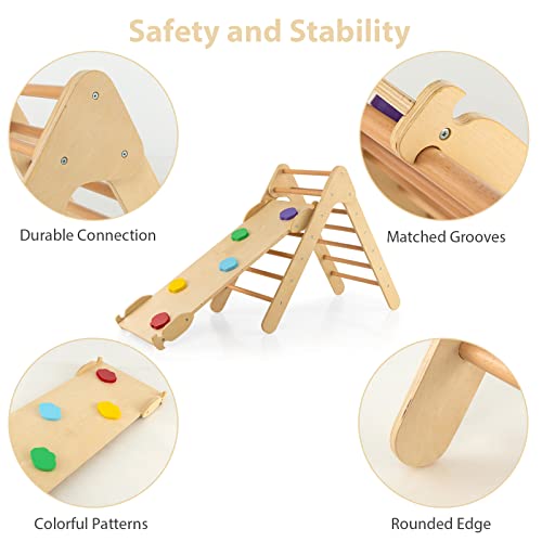 OLAKIDS Pikler Triangle Set 3 in 1 Climbing Toys for Toddlers Wood Montessori Baby Jungle Gym with Ramp Ladder Slide Kids Indoor Playground Activity Play Structure - color: Wooden