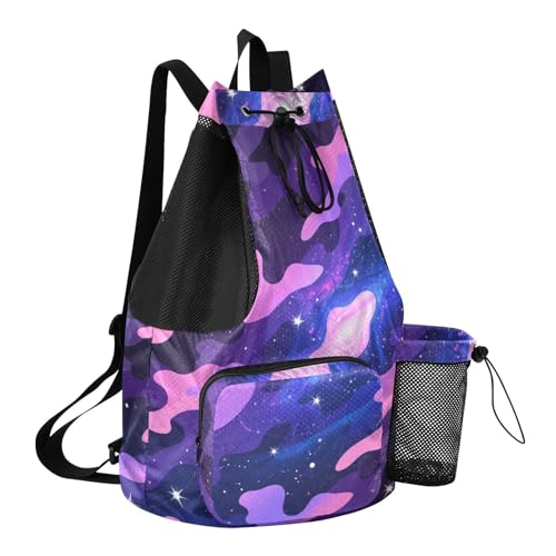 Drawstring Climbing Gym Bag With Water Bottle Holder Drawstring Gym Bags For Men Women with Wet Dry Compartments Camouflage Starry Purple Black Blue