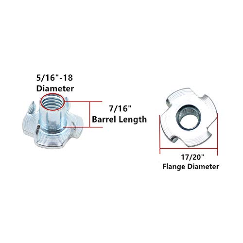 50Pcs 5/16"-18 Tee T-Nuts 4-Pronged Zinc Plated Steel, 7/16" Barrel Length | for Wood, Rock Climbing Holds, Cabinetry
