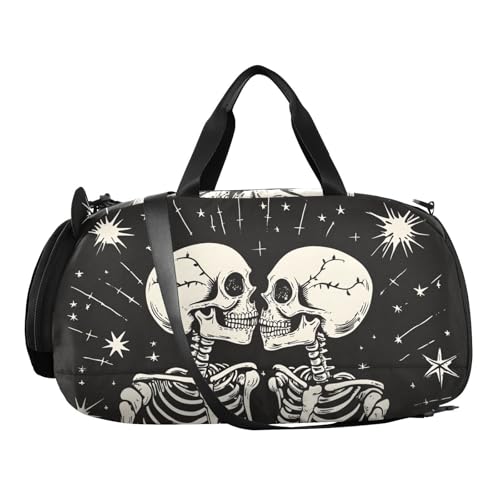 Kids Sports Duffel Bag for Boys & Girls - Romantic Skeletons Skull Love 100% Polyester Gym Bag with Separate Shoe Compartment, Adjustable Shoulder Strap, Compact Travel & Workout Gear Bag - color: Romantic Skeletons Skull Love