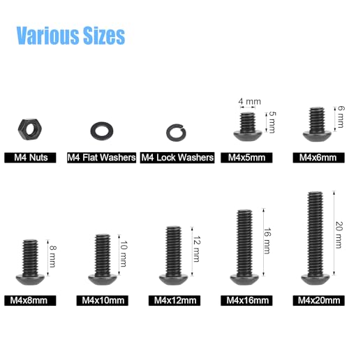 DYWISHKEY 386 Pieces M4 Black Screws, 10.9 Grade Alloy Steel M4x 5/6 /8/10 /12/16 /20mm Button Head Socket Cap Screws Bolts Nuts Washers Assortment Kit - size: M4, style: Button Head Socket Cap