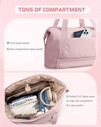 Smasrob Travel Duffle Bag with Shoe Compartment and Laptop Sleeve for Women, Lightweight Weekender Duffel Bag for Travel, Gym, Hospital Labor Delivery, Pink - color: Pink
