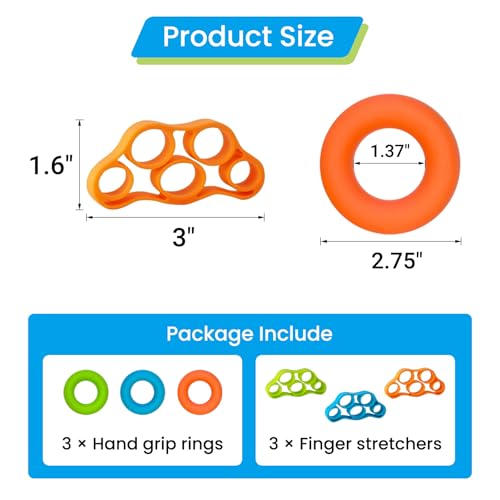 Hand Grip Strengthener Rings Kit - Finger Stretcher Resistance Bands for Hand Exercise, Rehab, Arthritis Relief, Stress & Anxiety Fidget Tool, Set of 3
