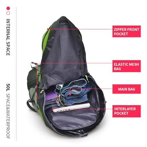 Bseash 50L Hiking Backpack, Water Resistant Lightweight Outdoor Sport Daypack Travel Bag for Camping Climbing Skiing Cycling (Green - No Shoe Compartment) - color: Green - No Shoe Compartment