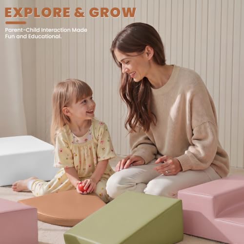 Hoohtoot Soft Foam Climbing Blocks for Toddlers: 6-Piece Macaron Color Play Set - Indoor PU Leather Climbing Toys - Baby Crawling and Activity Gym - style: Ivory/Pink