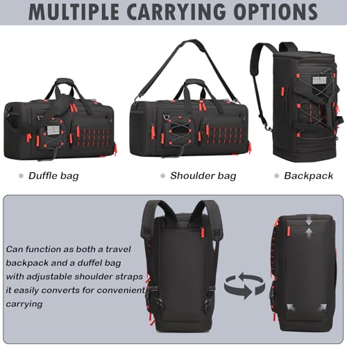 50L Tactical Gym Bag for Men and Women with Shoe & Laptop Compartment | Extra Large Duffle Bag, 3-in-1 Travel Sports Duffel Bags MOLLE Weekender Overnight Bag for Gym, Travel, Black+Red - color: Black+Red