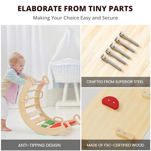 BlueWood Pikler Triangle Set, Toddler Climbing Toys Indoor 7in1 Foldable | Wooden Climber for Kids, Montessori Philosophy Play Jungle Gym with Arch, Ramp, Ladder (Warm Winter Christmas) - color: Warm Winter Christmas