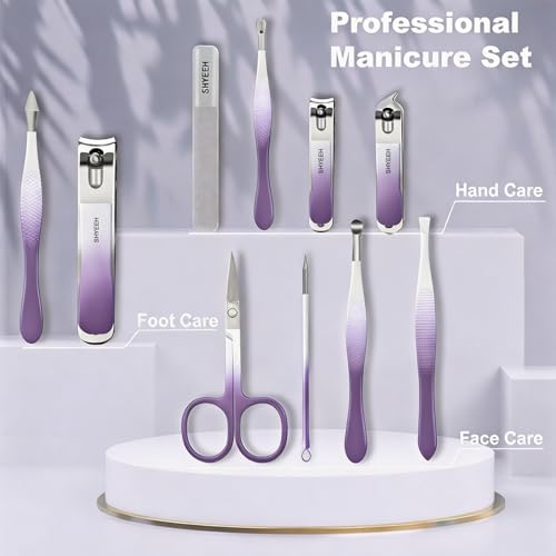 Manicure Set, 10 pcs High-Carbon Steel Nail Clippers Set, Portable Mini Manicure and Pedicure Kit, Travel Grooming Nail Kit with Leather Bag for Men and Women - color: DeepPurple