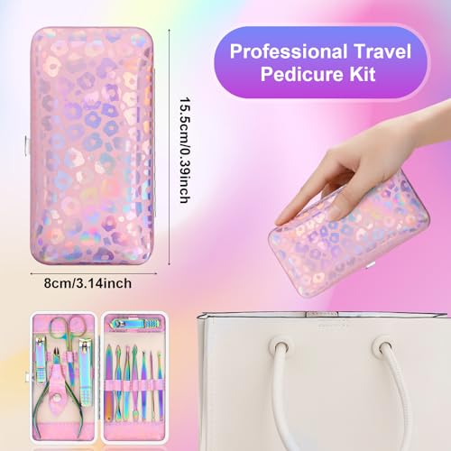 CGBE Nail Clippers Set, Manicure Set Pedicure 12 Pieces Stainless Steel Manicure Kit Professional Grooming Care Tools with Luxurious Travel Case - color: Pink-colorful
