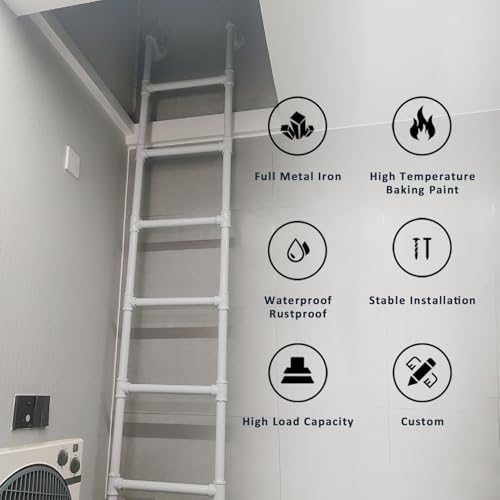 Wall Mounted Metal Step Ladder for Home Loft, White Wrought Iron Basement Window Well Egress Ladder Strong Bunk Bed Climbing Ladders with Kit, 100-300cm(155cm/61in) - size: 155cm/61in