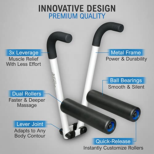 DoubleUP Roller D5 Leg & Arm Massager, Metal Frame, 5 Rollers & Case, White | 3X Lever-Action Pressure Control. 5 Quick-Change Rollers + Storage Case. IT Bands, Calves, Quads, Hamstrings, Thighs, Arms. - color: White