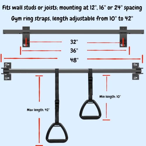 48'' Joist Mounted Pull Up Bar with Gym Rings Wall Studs Mount Chin Up Bar for Ceiling, Beams, Doorway & Corner Mount Heavy Duty Pull-up Grips for Home Gym Strength Training – Patent Pending