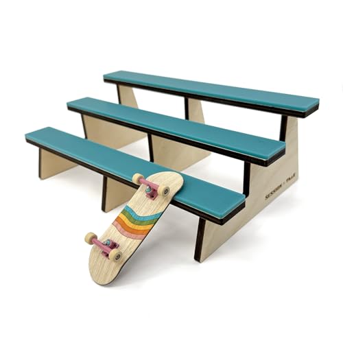 Teak Tuning x Session Wooden Fingerboard Obstacle - The Bleachers, Baltic Birch Wood with Teal Acrylic Surface, 9.75 x 6.25 x 3.5 Inches