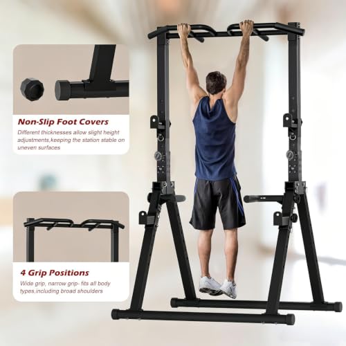 Foldable Power Tower Pull Up Bar Station, Adjustable Height | 700lbs Loading,Free Standing Pull Up Power Tower Station,Portable and Space Saving,fits Woman and Man, Mulit-grips, - color: Black