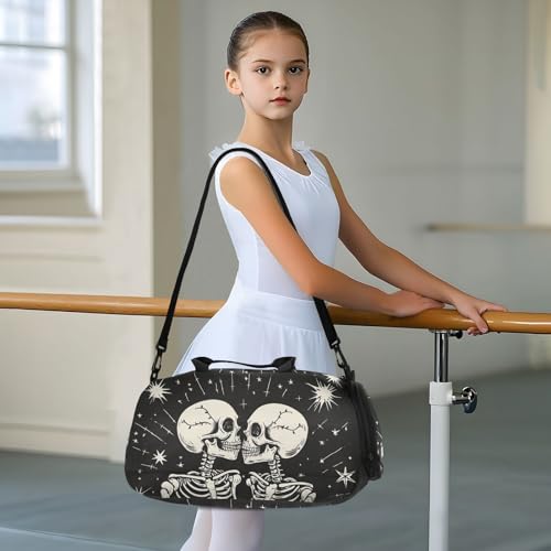 Kids Sports Duffel Bag for Boys & Girls - Romantic Skeletons Skull Love 100% Polyester Gym Bag with Separate Shoe Compartment, Adjustable Shoulder Strap, Compact Travel & Workout Gear Bag - color: Romantic Skeletons Skull Love