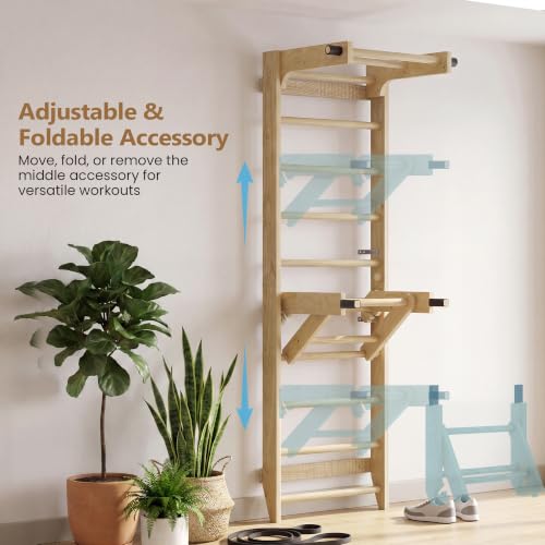 Swedish Ladder Wall Bar with Adjustable Pull-Up Bar | Solid Wood Construction, 10 Pine Rungs, All Ages, for Home, School, Gymnastics Training