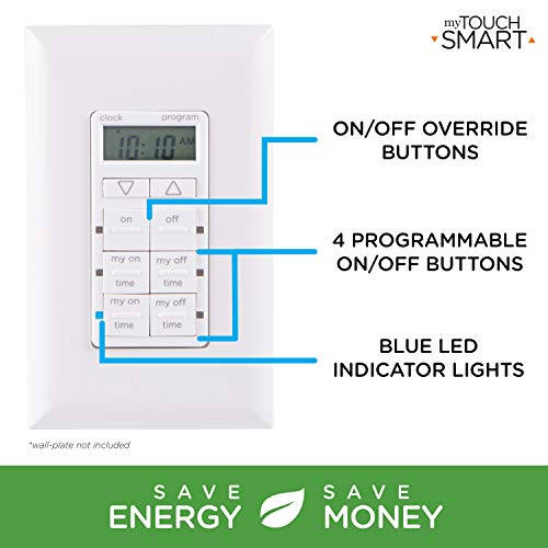 myTouchSmart in-Wall Digital Timer,4 Programmable On/Off Buttons,2 Easy On/Off Buttons,24 Hour Daily Cycles,Blue LED Indicators with Battery Backup for Indoor/Outdoor Lights, Fans, 26893 (Pack of 3) - size: 24-Hours (Pack of 3)