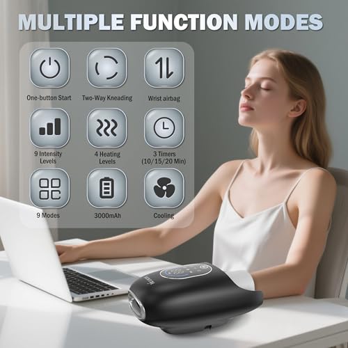 Hand Massager with Heat and Compression for Arthritis and Carpal Tunnel Relief, Finger Wrist Massager with 9 Modes & Hot Cold Therapy, Gifts for Women Men, Black - color: Black