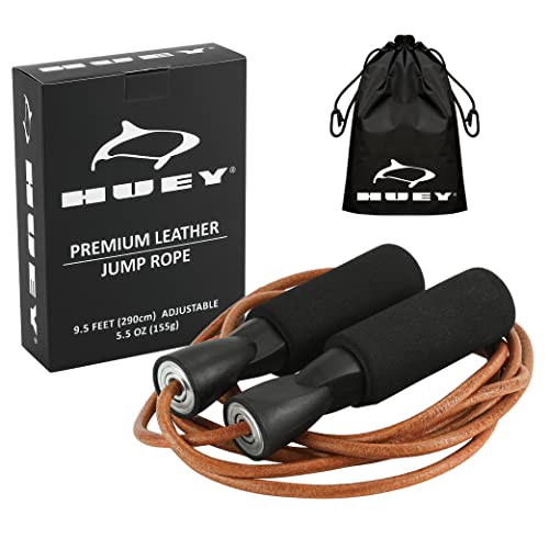 HUEY Sport Leather Jump Rope Skipping Rope for Speed Quiet Training Boxing MMA Cardio Crossfit Fitness Workout Indoor and Outside Exercise for Adult Kids Men and Women (5.5 oz)