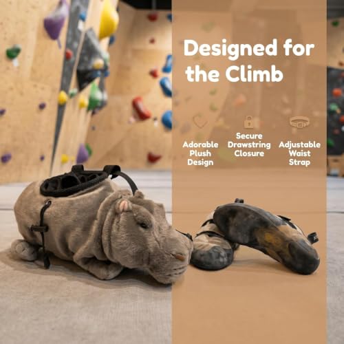 Fluffy Hippo Magnesium Chalk Pouch, Drawstring Sealed Climbing Bag with Adjustable Strap, Portable Bouldering Gear Novelty Gift for Rock Climbers