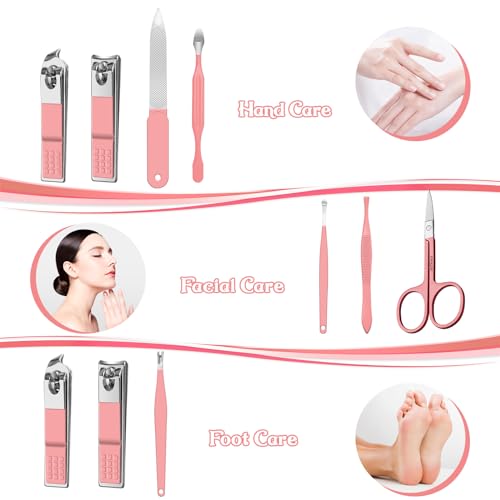 Manicure Set 8 in 1 Nail Clipper Set,RedFlow Nail Clippers,Fingernail & Toenail Clippers,Manicure Tools,Pedicure Tools,Suitable for Travel Manicure Kit,Nail Set Kit with Everything Profe (Pink) - color: Pink
