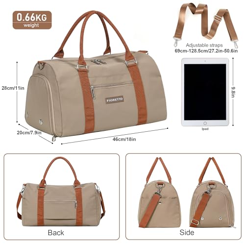 FIORETTO Womens Gym Tote Duffle Weekender Bag with Wet Pocket & Shoe Compartment, Ideal for Travel, Swimming, Dance, Khaki - color: Khaki, style: Gym Bag
