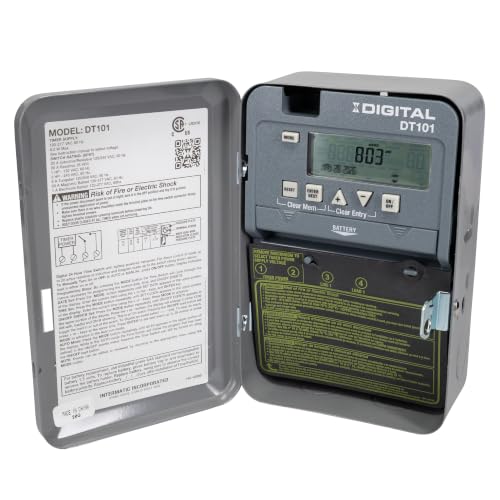 Intermatic DT101 24-Hour Digital Time Switch, 20 Amp 1-Circuit SPST, 120-277 VAC 50/60 Hz, Indoor Metal Enclosure, Battery Backup and Automatic Daylight Saving Time Adjustment