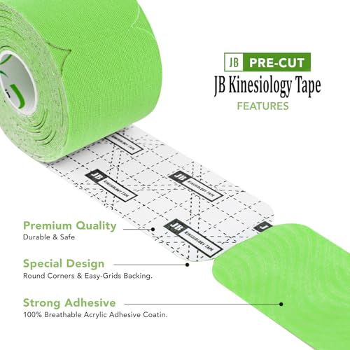 JB Tape Kinesiology Tape, 80 Precut Strips, Green, Latex‑Free, 4 Rolls | 80 Precut Strips, 10-Inch Strips, 4 Rolls - color: Kelly Green