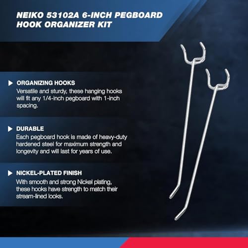 Neiko 53102A 6” Pegboard Hook Organizer Kit, 50 Pack, Hanging Hooks Set for Garage Organization, Great for Wall Hanging and Shelving, Tool Storage, Craft Organizing - size: 6" Pegboard Hooks