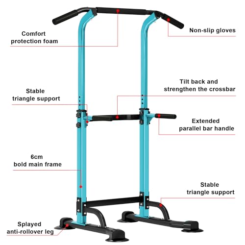 SogesHome Multi-Function Power Tower Pull Up Bar Dip Station for Home Gym | Height Adjustable PullUp Dip Stand, Full Body Strength Training Equipment, Fitness Workout for Push Ups Dips, 330LB Capacity - color: Blue