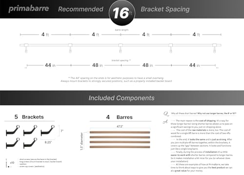 Wall-Mounted Ballet Barre for Home Dance, Exercise, Fitness, Stretching - Made in USA - size: 16 ft