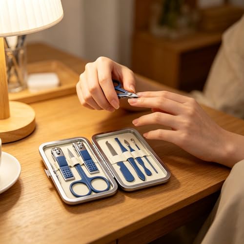 Luxury 7-in-1 Professional Manicure Set - Premium Stainless Steel Nail Clippers & Grooming Kit with Elegant Leather Travel Case - D.Blue - color: Dark Blue, size: 7PCS