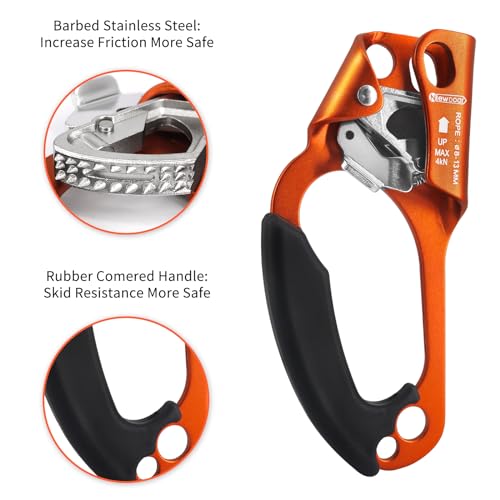 NewDoar UIAA & CE Certified Hand Ascender Rock Climbing Tree Arborist Rappelling Gear Equipment Rope Clamp for 8~13MM Rope - color: Orange-Left
