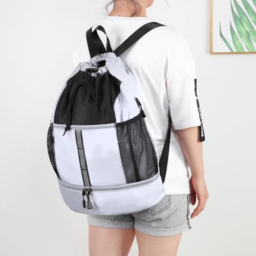 Valleycomfy Drawstring Gym Bag Sports Backpack With Shoe Compartment White | Reflective Strips Top Handle - color: White