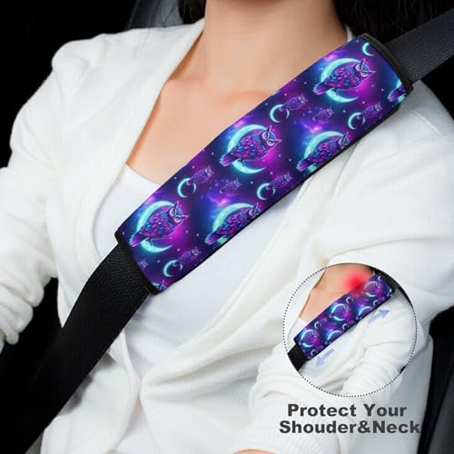 Universal Fit Seat Belt Cover for Adult Use, Stroller Pushchair High Chair, 2PCS Purple Owl On Crescent Moon Harness Pads Strap Shock Absorption - color: Pattern 32