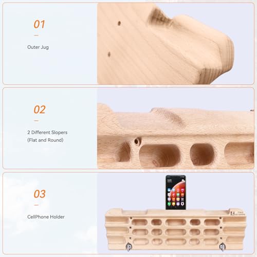 Hangboard Rock Climbing Hangboard with Jugs, Edges, Slopers, Pockets and Phone Hoder, Climbing Fingerboard Designed with Two Hooks for Rock Climbers