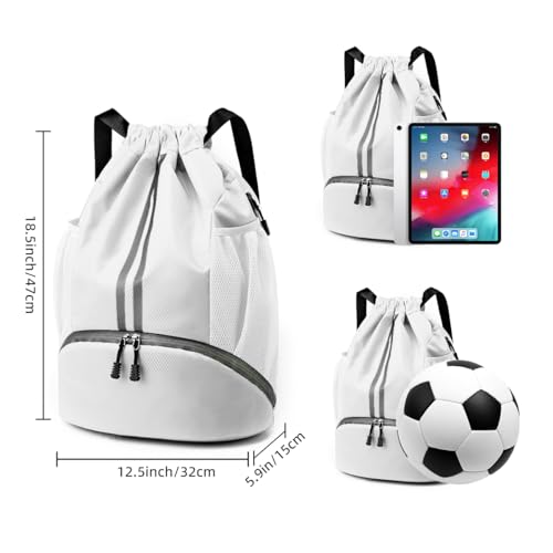 Valleycomfy Sports Drawstring Backpack - Water Resistant String Bag White | with Side Mesh Pockets Shoe Compartment Gym Backpack for Women & Men - color: A-white