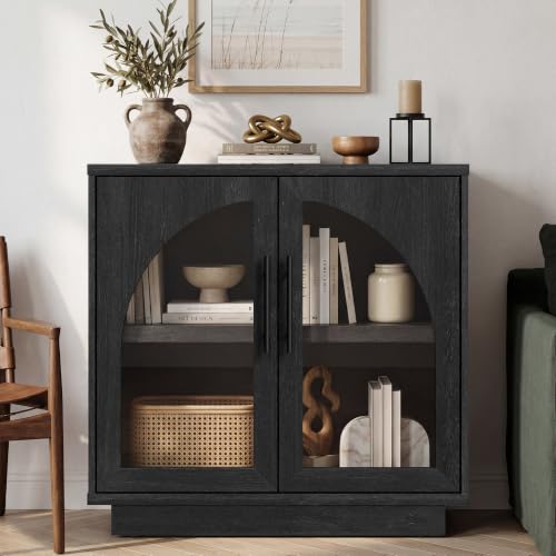 Fatmok Arched Glass Sideboard Buffet Accent Cabinet, 31.5" Display Credenza with Adjustable Shelf,1-Piece Modular Coffee Station Storage for Kitchen Living Room Bedroom, Black Grey - color: D-black Grey
