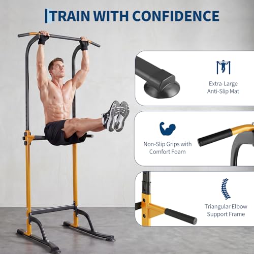 Power Tower Pull Up Bar Station - 330 LBS Stable Multi-Function Gym Dip Station for Home Strength Training Equipment - 10 Adjustable Heights Heavy Duty Pull-Up Tower with h-Shaped Base & Push-Up - color: Yellow