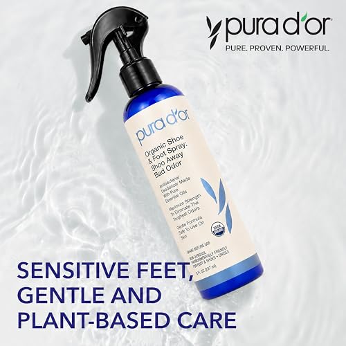 PURA D'OR Organic Shoe & Foot Odor Eliminator Spray (8oz) Deodorizes & Removes Bad Smells with Eucalyptus, Peppermint, Tea Tree, Lemongrass Essential Oil, Maximum Strength (Packaging may vary)