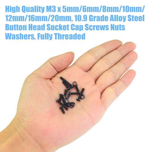 DYWISHKEY 566 Pieces M3 Black Screws, 10.9 Grade Alloy Steel M3x 5/6 /8/10 /12/16 /20mm Button Head Socket Cap Screws Bolts Nuts Washers Assortment Kit - size: M3, style: Button Head Socket Cap