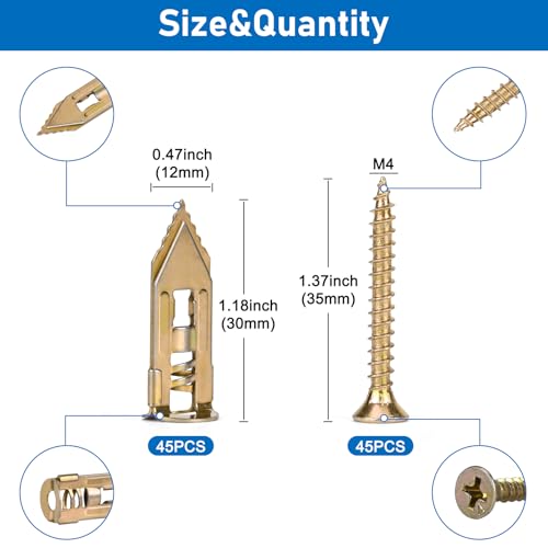 90 Pcs Self-Drilling Drywall Anchors with Screws Kit, Zinc Plated Steel, Easy Application No Drill or Holes in Wall, 45 Anchors and 45 Screws - size: 1size-45pcs