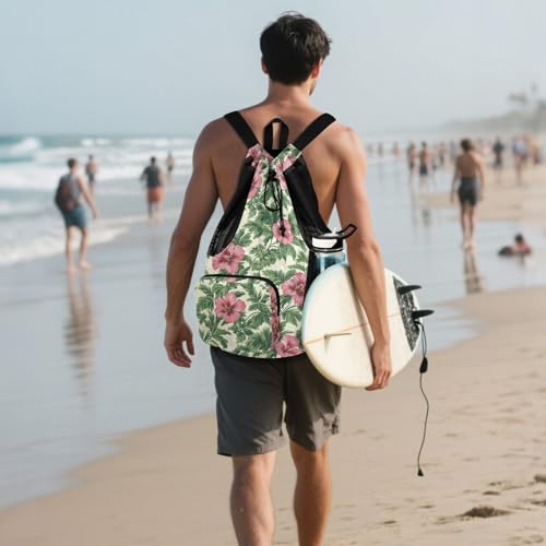 Drawstring Backpack Climbing Gym Bag With Pockets Cinch Back Sack Waterproof Tropical Flowers Red