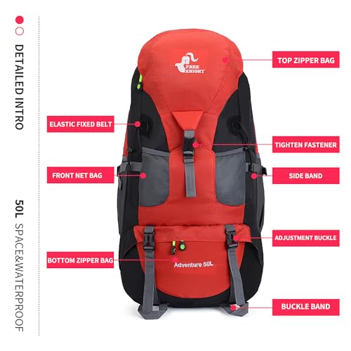 Bseash 50L Hiking Backpack, Water Resistant Lightweight Outdoor Sport Daypack Travel Bag for Camping Climbing Skiing Cycling (Red - No Shoe Compartment) - color: Red - No Shoe Compartment