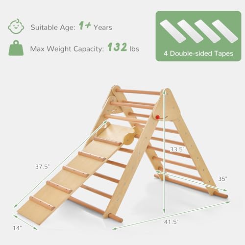 OLAKIDS Pikler Triangle Set 3 in 1 Climbing Toys for Toddlers Foldable Wood Montessori Baby Jungle Gym with Ramp Ladder Slide Kids Indoor Playground Activity Play Structure - color: Burlywood