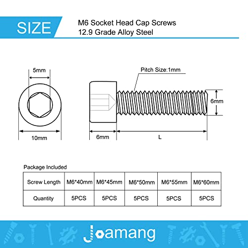 M6 x 40mm 45mm 50mm 55mm 60mm Hex Socket Head Cap Screws Bolts, 12.9 Grade Alloy Steel, Black Oxide Finish, Metric Allen Drive, Fully Threaded, Assortment Kit 25Pcs - size: Socket M6x40-60 mm