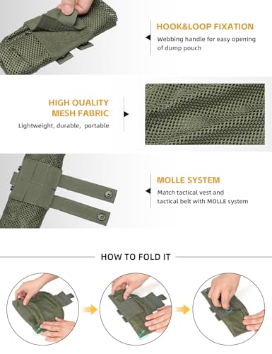IDOGEAR Tactical Dump Pouch with Adjustable Metal Strip Closure Foldable Mesh Pouches MOLLE Utility Bag Mag Recovery Holster Tactical Belt Vest Backpack Accessories - color: Ranger Green