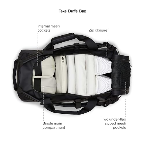 RAINS Texel Duffel – Waterproof Convertible Backpack Travel Bag, 14.8 gal | Waterproof PU duffel for women and men; 56 L convertible backpack, U-shaped zip, internal mesh pockets, padded straps - color: Black, size: Regular